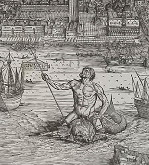 Neptune on Venice’s drawing by Jacopo de Barbari